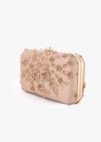 Beige Rounded Box Clutch With Embroidered Net Adorned In Zari And Sequins In Floral Motifs Online - Kalki Fashion