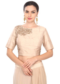 Beige saree gown adorn in pearl and sequin embroidery only on Kalki