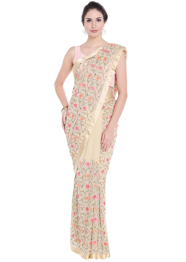 Beige saree in georgette with resham jaal motif embroidery only on Kalki