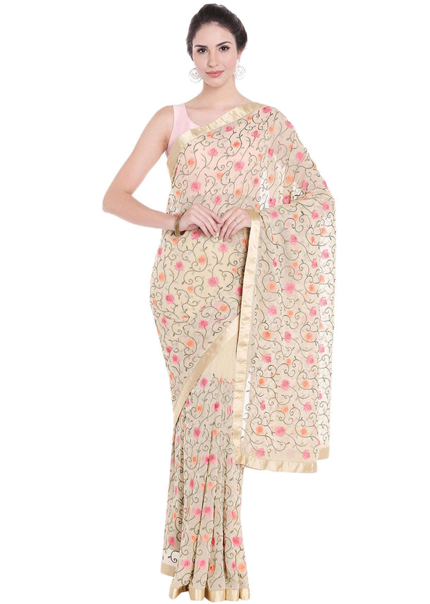 Beige saree in georgette with resham jaal motif embroidery only on Kalki