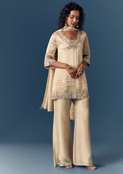 Beige Sequinned Tissue Kurta Palazzo Set With Dupatta