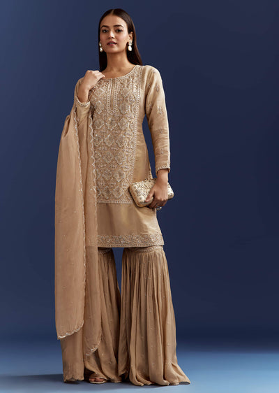 Beige Sequins And Cutdana Kurta With Sharara And Organza Dupatta