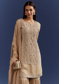 Beige Sequins And Cutdana Kurta With Sharara And Organza Dupatta