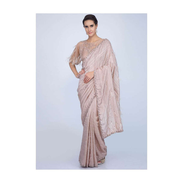 Beige silk cut dana embroidered saree with feathers only on Kalki