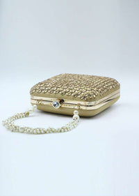 Beige silk hand embroidered clutch