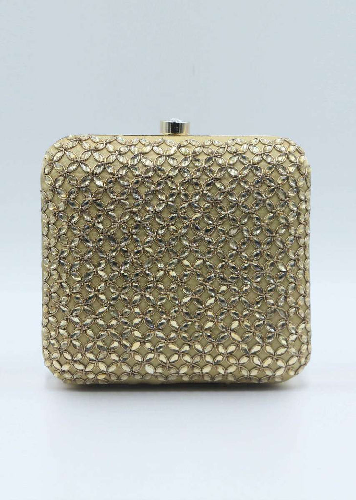 Beige silk hand embroidered clutch