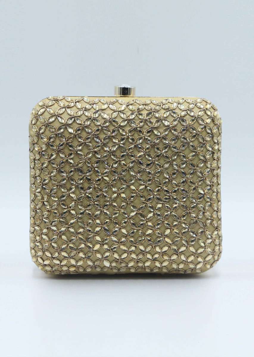Beige silk hand embroidered clutch