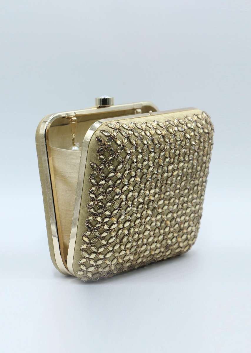 Beige silk hand embroidered clutch