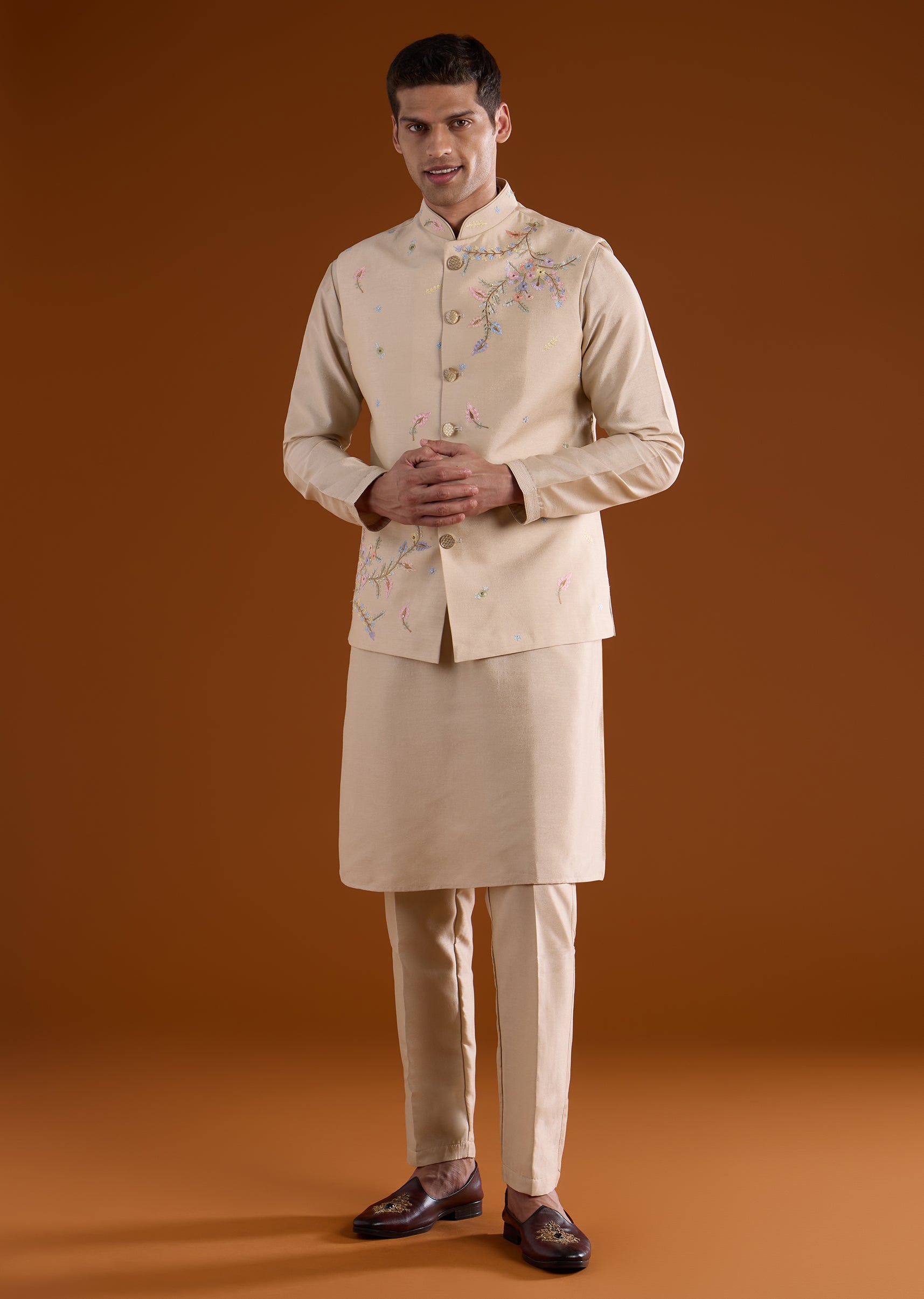 Beige Silk Mens Kurta Jacket Set With Thread And Motif Work