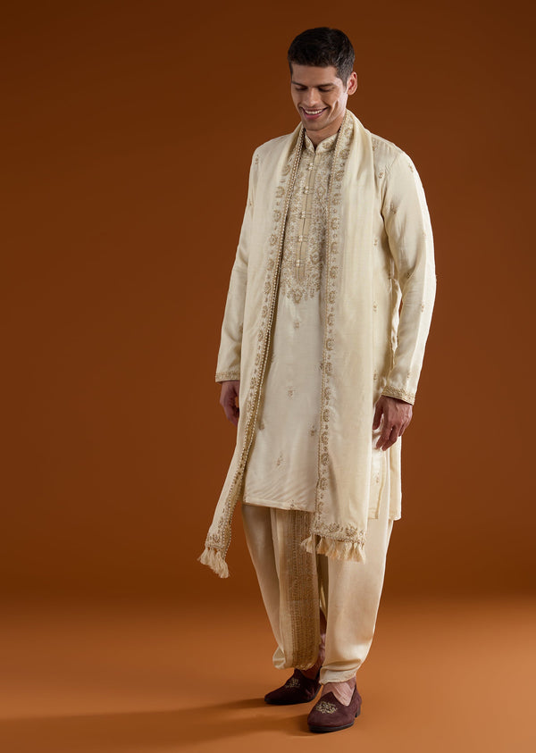 Muhurtham Beige Silk Kurta Dhoti Set With Thread Beads Moti Sequins And Zardosi Work