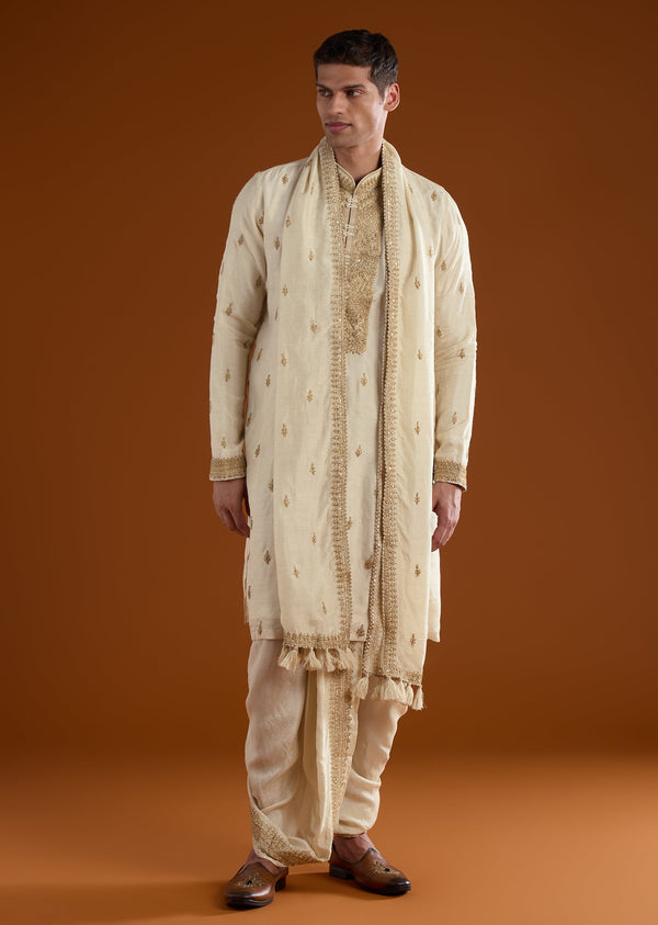 Beige Silk Mens Kurta Set With Thread Zari And Dori Work