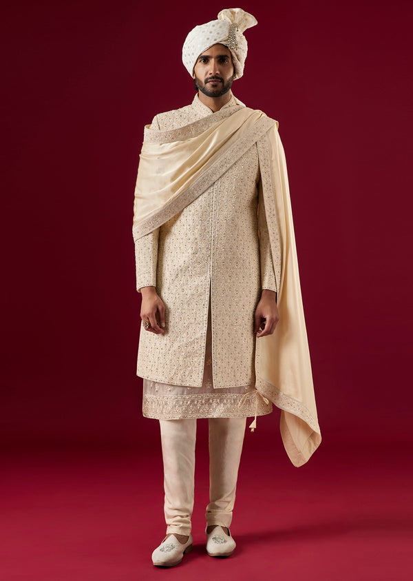Beige Silk Sherwani Set With Aari And Dori Work