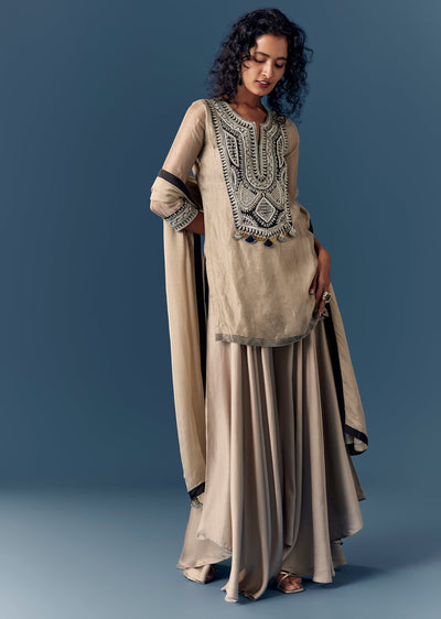 Beige Silver Zardosi Kurta Palazzo Set With Dupatta