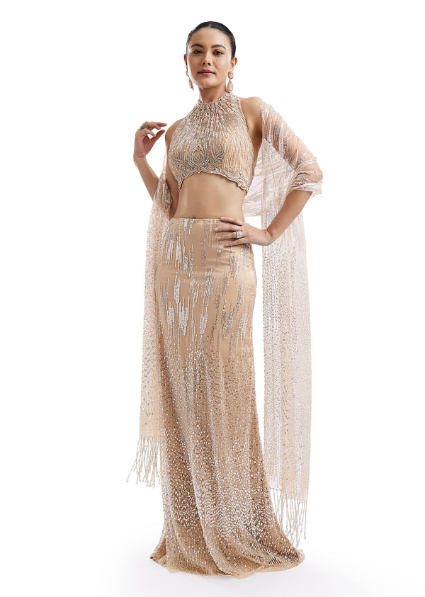 Beige Statement Halter Skirt Set With Dupatta