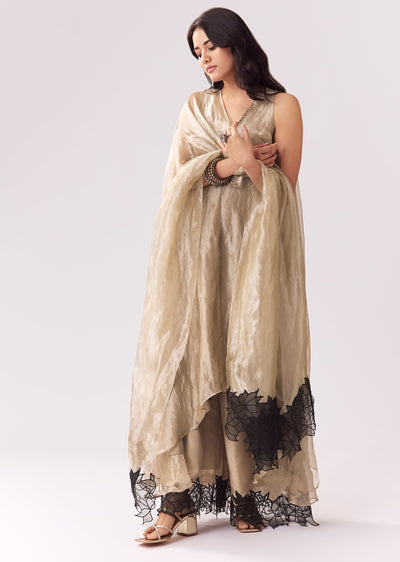 Beige Tissue Anarkali With Patchwork Detailing