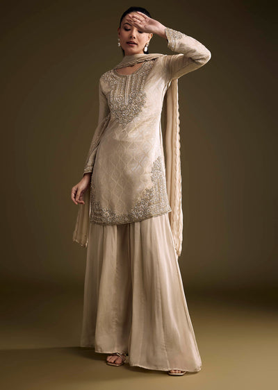 Beige Tissue Palazzo Suit With Banarasi Weave And Sequins Embroidery