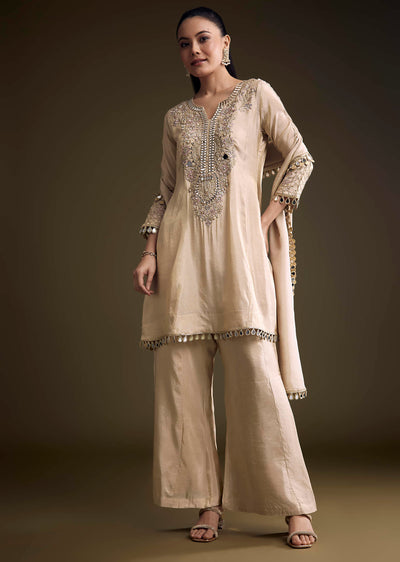 Beige Tissue Palazzo Suit With Mirror And Zari Embroidery