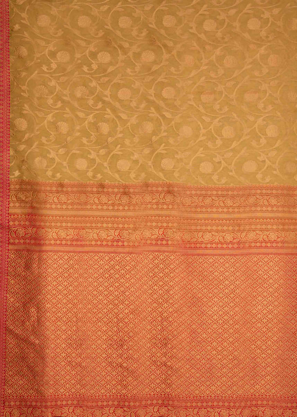 Beige weaved chanderi silk saree with brocade pallo only on Kalki