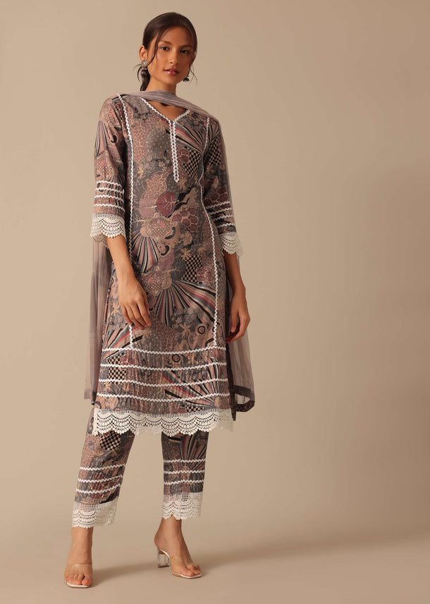 Beige Abstract Print Kurta And Pant Set With Crochet Trims