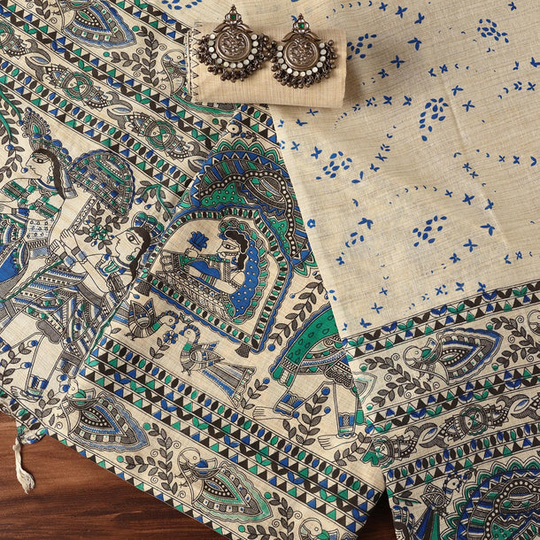 Blue And Beige Madhubani Block Print Unstitched Salwar Suit