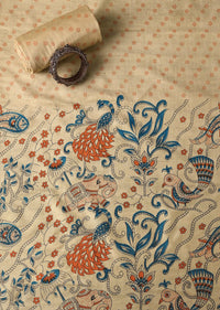 Beige And Blue Madhubani Block Print Unstitched Salwar Suit