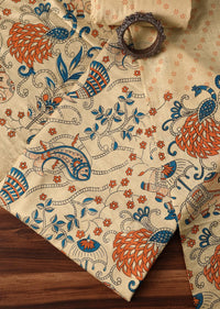 Beige And Blue Madhubani Block Print Unstitched Salwar Suit