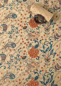 Beige And Blue Madhubani Block Print Unstitched Salwar Suit