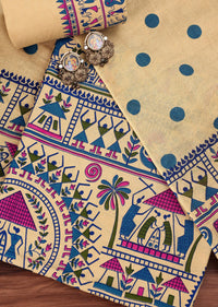 Beige And Blue Warli Printed Unstitched Salwar Suit