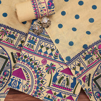Beige And Blue Warli Printed Unstitched Salwar Suit
