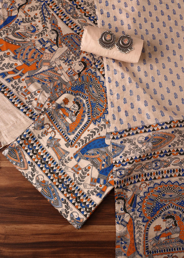 Beige And Dark Blue Madhubani Block Print Unstitched Salwar Suit