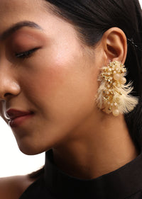 Beige And Gold Handcrafted Stud Earrings In Mix Metal