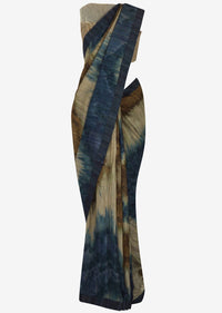 Beige and navy blue printed saree in tussar silk only on Kalki