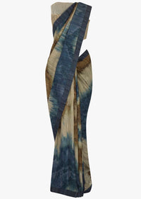 Beige and navy blue printed saree in tussar silk only on Kalki
