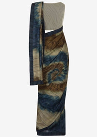 Beige and navy blue printed saree in tussar silk only on Kalki