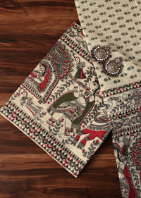 Beige And Red Madhubani Block Print Unstitched Salwar Suit