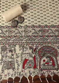 Beige And Red Madhubani Block Print Unstitched Salwar Suit
