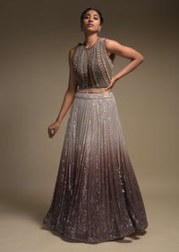 Beige And Taupe Shaded Skirt In Net With Sequins Work And Embellished Sleeveless Crop Top