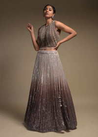 Beige And Taupe Shaded Skirt In Net With Sequins Work And Embellished Sleeveless Crop Top