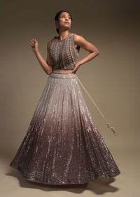 Beige And Taupe Shaded Skirt In Net With Sequins Work And Embellished Sleeveless Crop Top