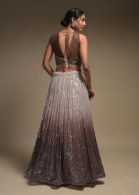 Beige And Taupe Shaded Skirt In Net With Sequins Work And Embellished Sleeveless Crop Top