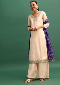 Beige And Violet Embroidered Kurta Palazzo With Dupatta