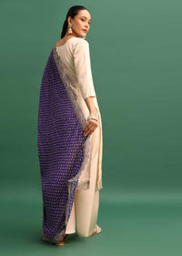 Beige And Violet Embroidered Kurta Palazzo With Dupatta