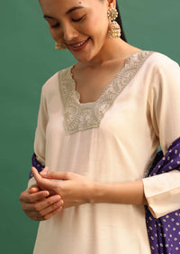 Beige And Violet Embroidered Kurta Palazzo With Dupatta