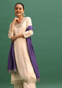 Beige And Violet Embroidered Kurta Palazzo With Dupatta