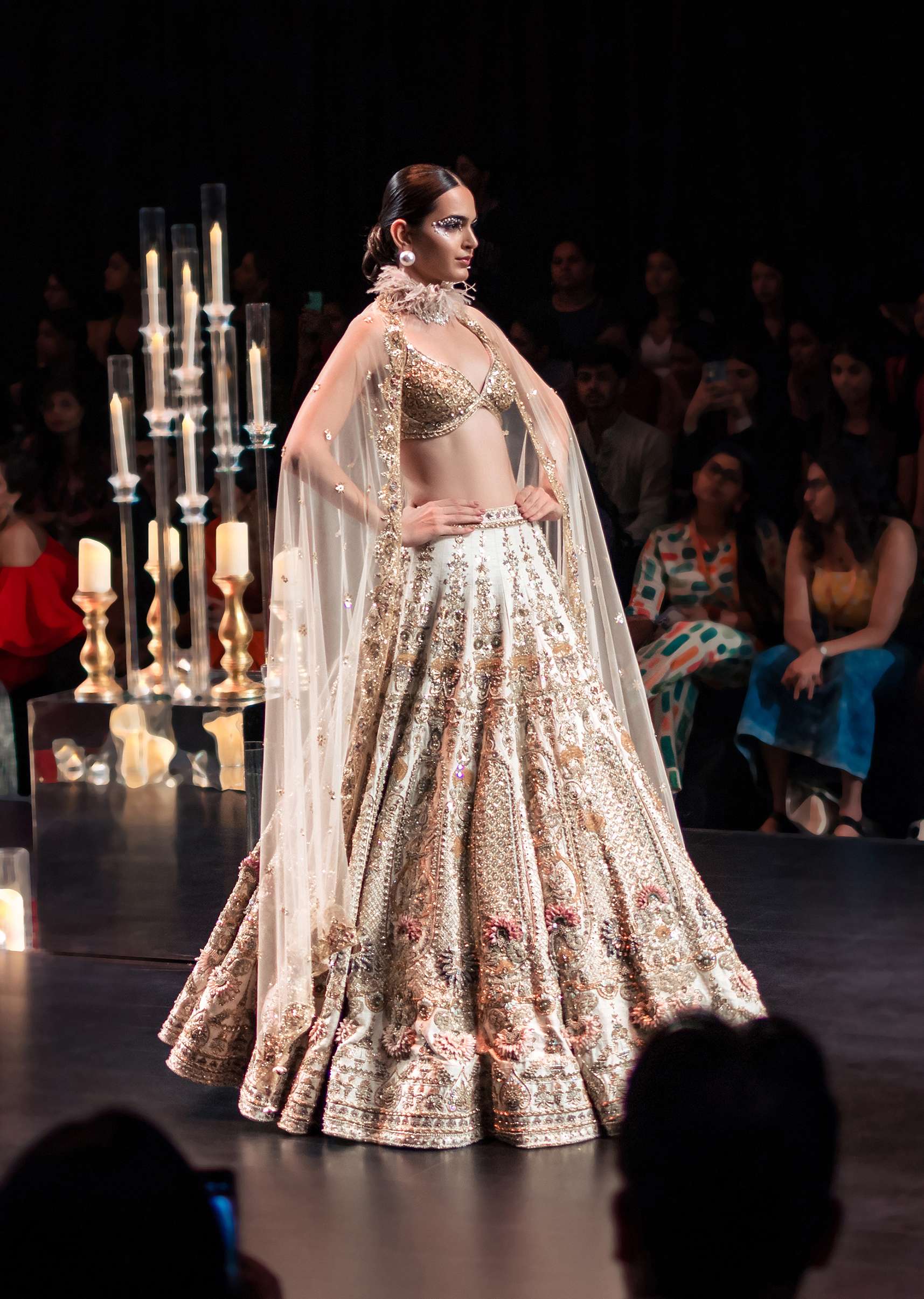 Beige Bridal Lehenga Set in Silk With Organza Flowers And 3D Embroidery