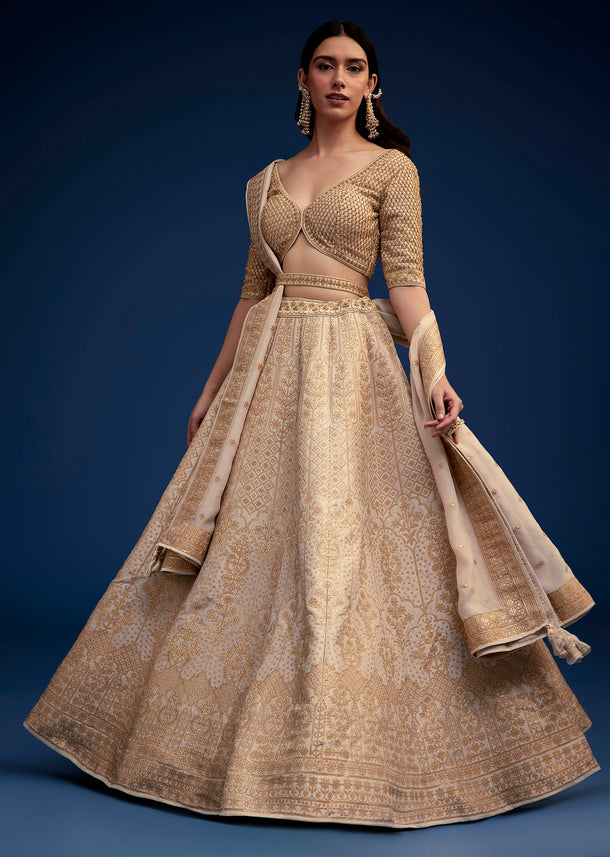 Beige Brocade Lehenga Set And Belt