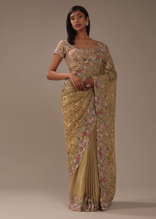 Beige Brown Lace Fabricated Saree With 3D Embroidery