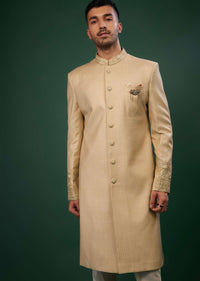 Beige Brown Thread Embroidered Sherwani Set In Raw Silk