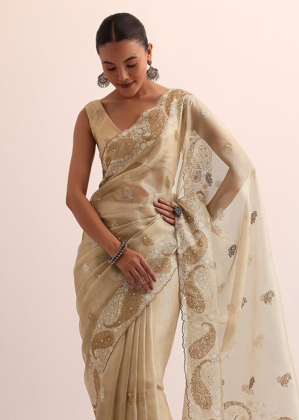 Beige Chanderi Silk Saree With Thread Work And Unstitched Blouse