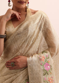 Beige Gold Chanderi Silk Saree With Thread Work And Unstitched Blouse